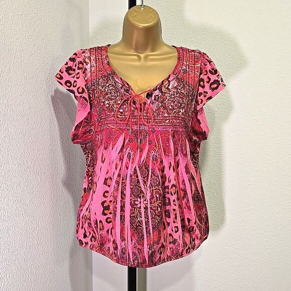 Unity World Wear Tops - Vtg One World Pink Top Womens Med Y2K Paisley Embroidered Beaded Indie Boho Lace